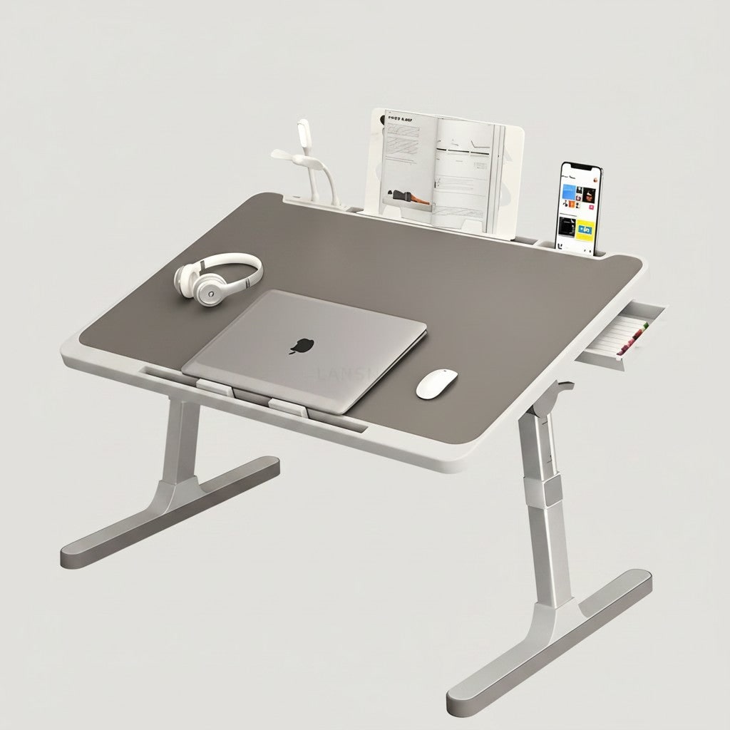 Adjustable Folding Bed Desk for Laptop with Marble Top Drawer and Portable Stand