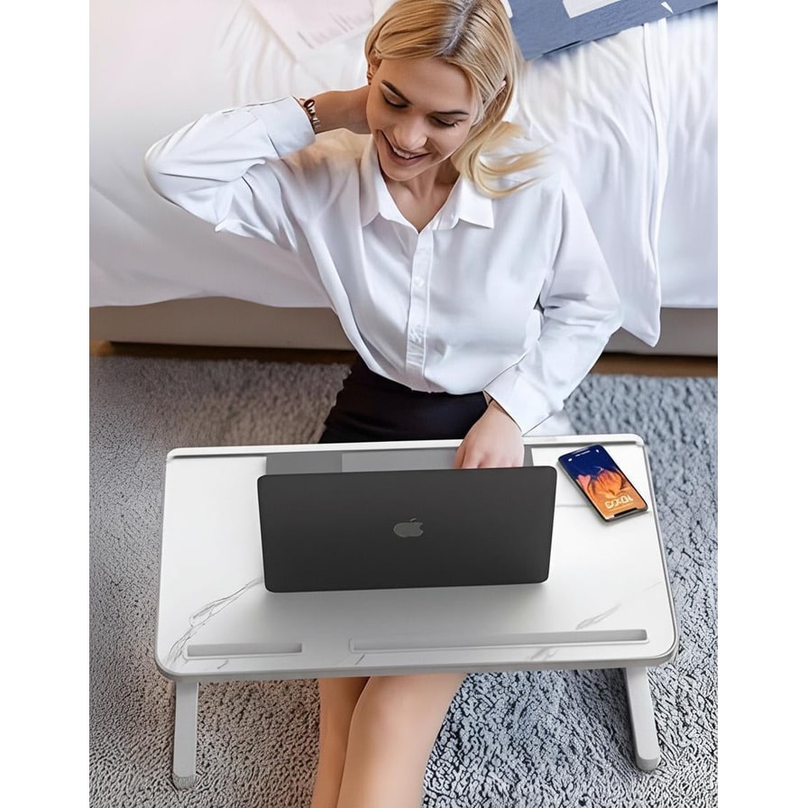 Adjustable Folding Bed Desk for Laptop with Marble Top Drawer and Portable Stand