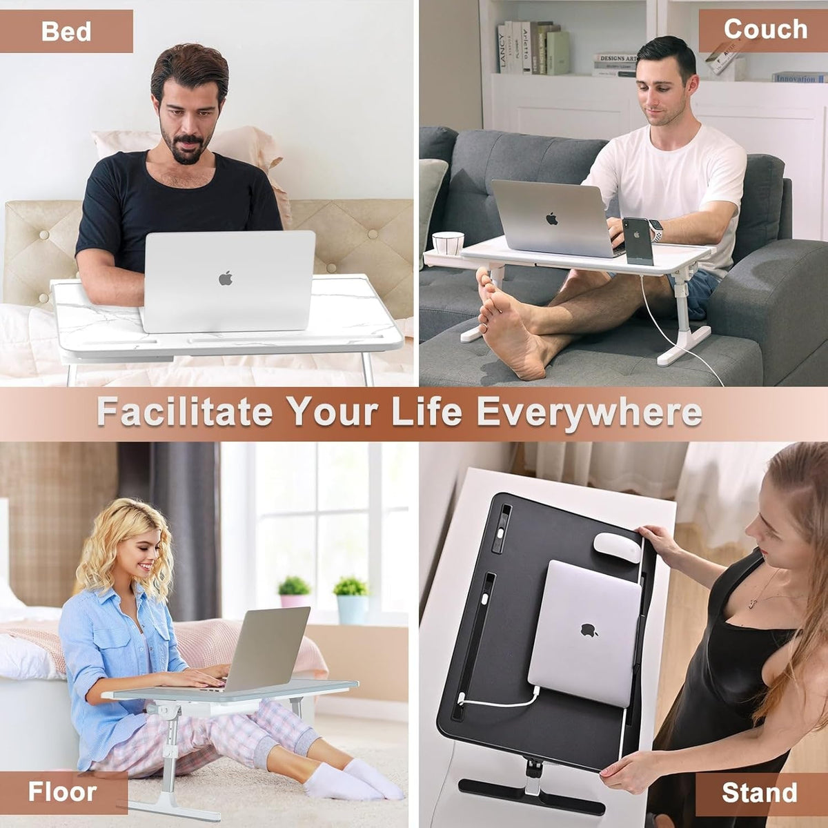 Adjustable Folding Bed Desk for Laptop with Marble Top Drawer and Portable Stand
