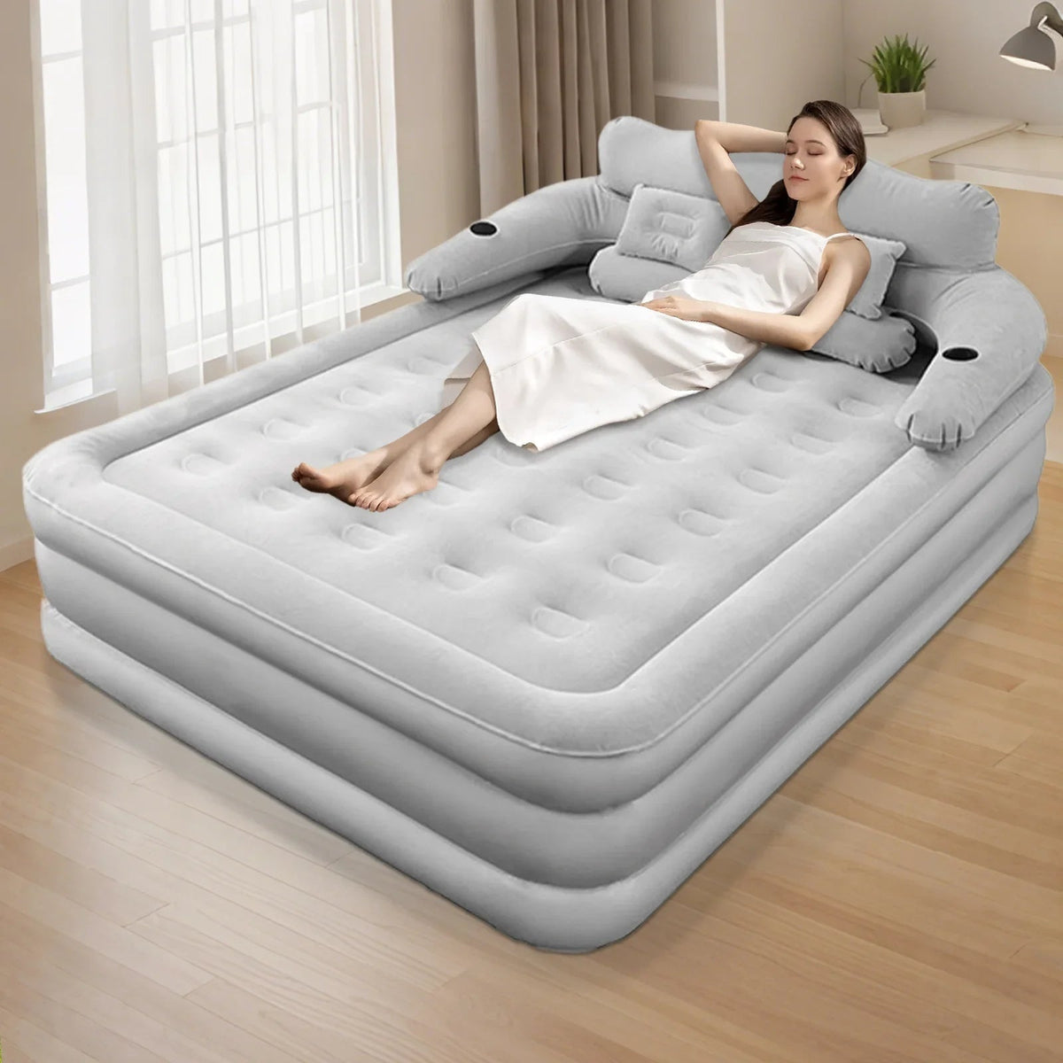 Air Mattress Blow Up Bed with Built-In Electric Pump Backrest and Pillows for 2 People