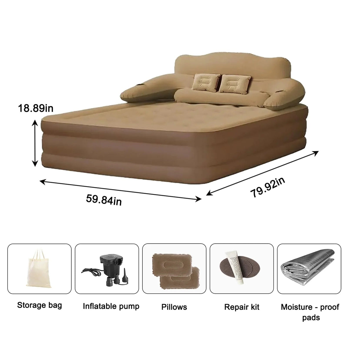 Air Mattress Blow Up Bed with Built-In Electric Pump Backrest and Pillows for 2 People