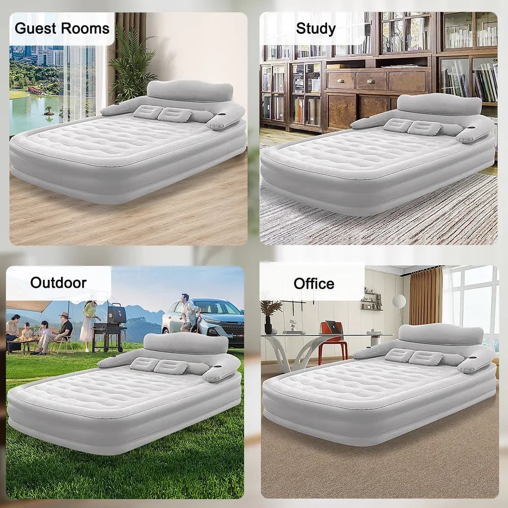 Air Mattress Blow Up Bed with Built-In Electric Pump Backrest and Pillows for 2 People