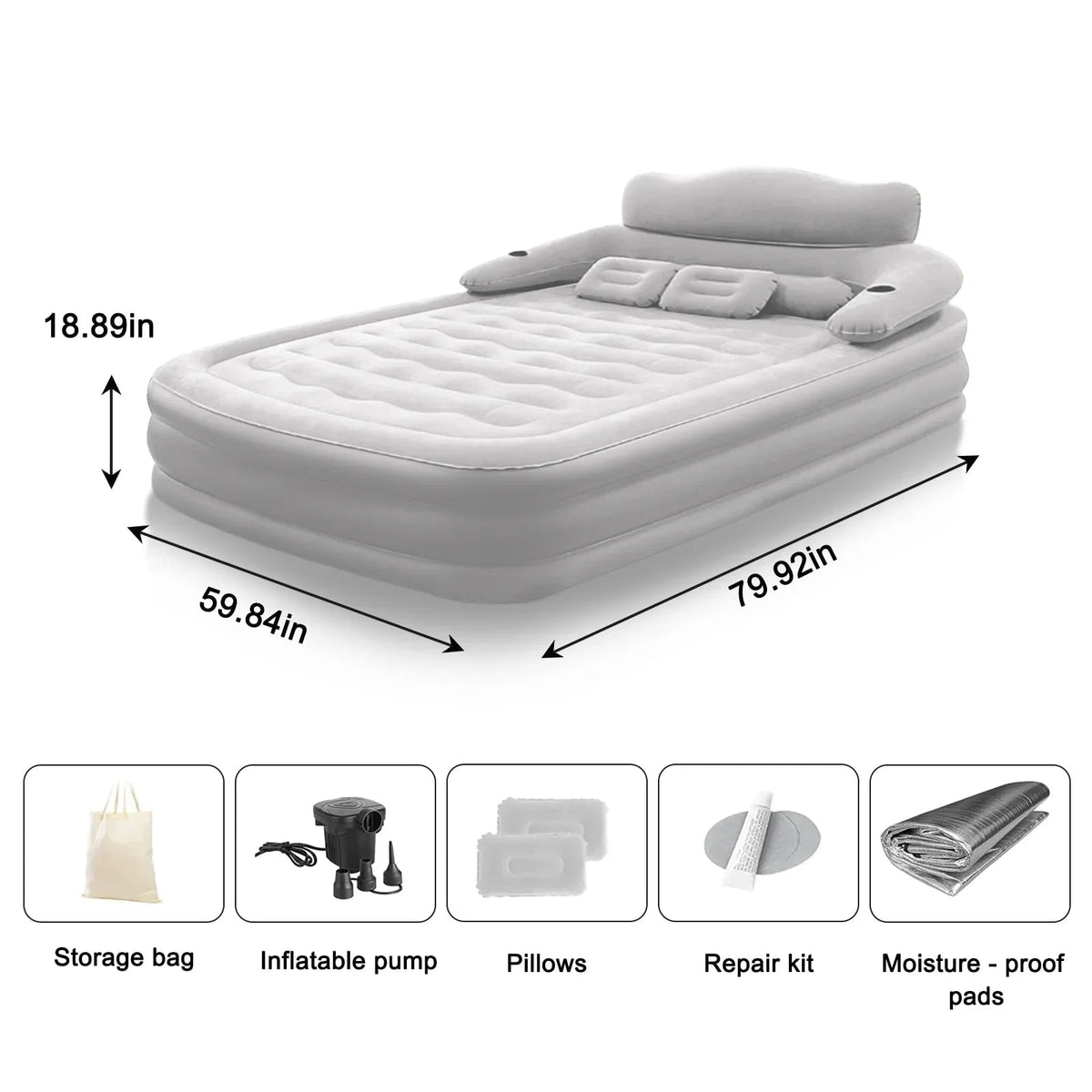 Air Mattress Blow Up Bed with Built-In Electric Pump Backrest and Pillows for 2 People
