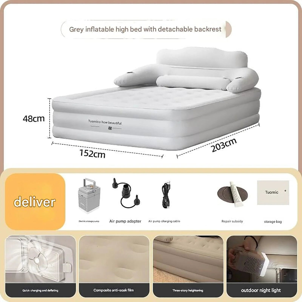 Air Mattress Blow Up Bed with Built-In Electric Pump Backrest and Pillows for 2 People