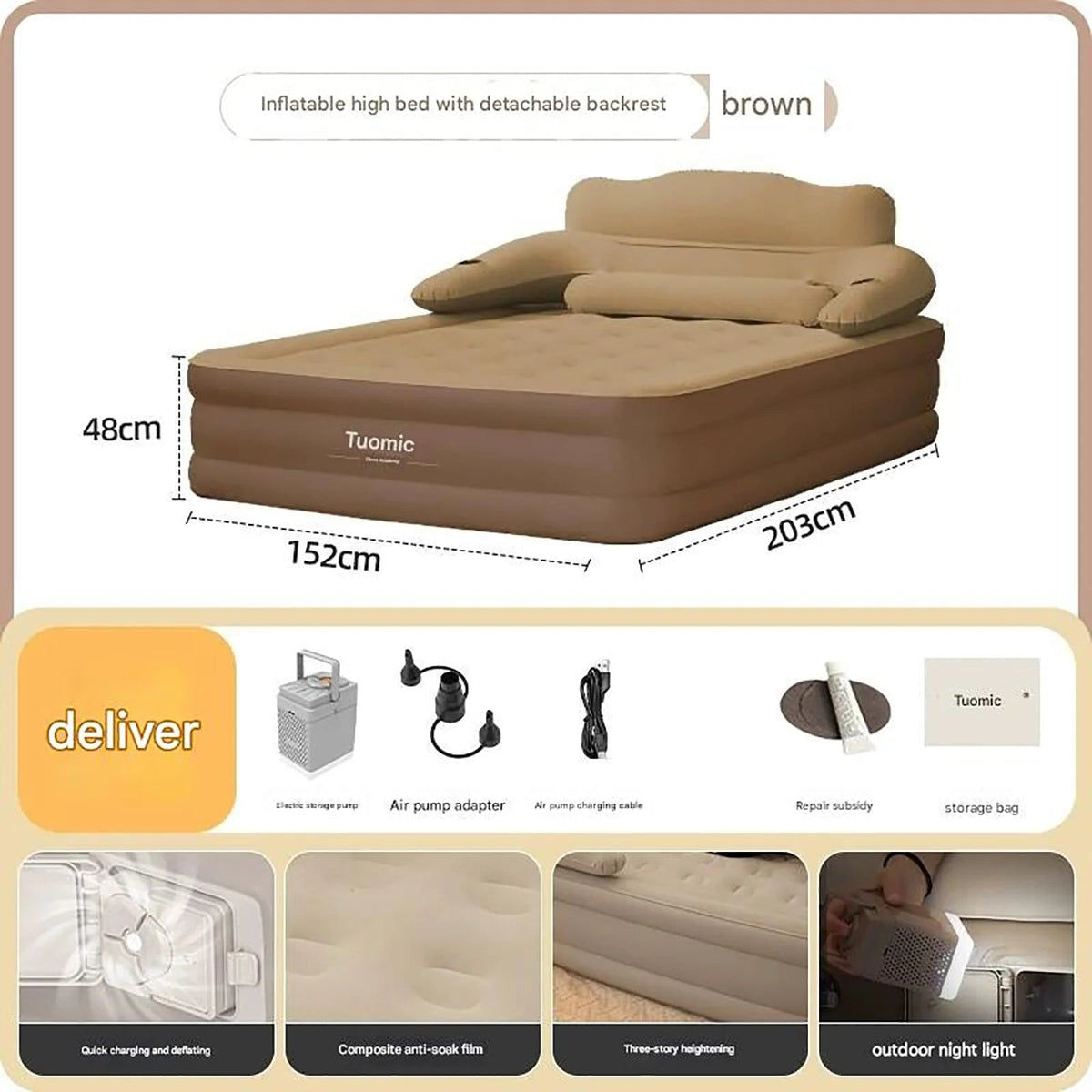 Air Mattress Blow Up Bed with Built-In Electric Pump Backrest and Pillows for 2 People