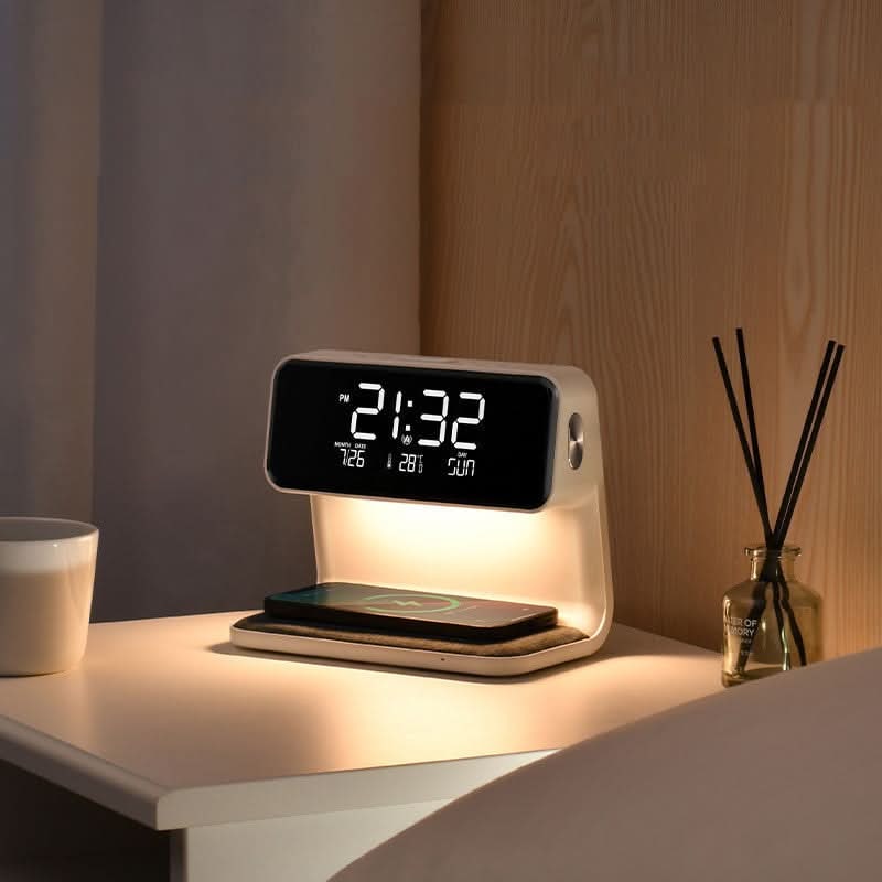 Alarm Clock with Qi Wireless Charging Nightstand Station Digital LED Display and Night Light