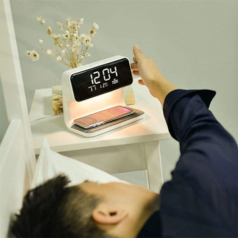 Alarm Clock with Qi Wireless Charging Nightstand Station Digital LED Display and Night Light