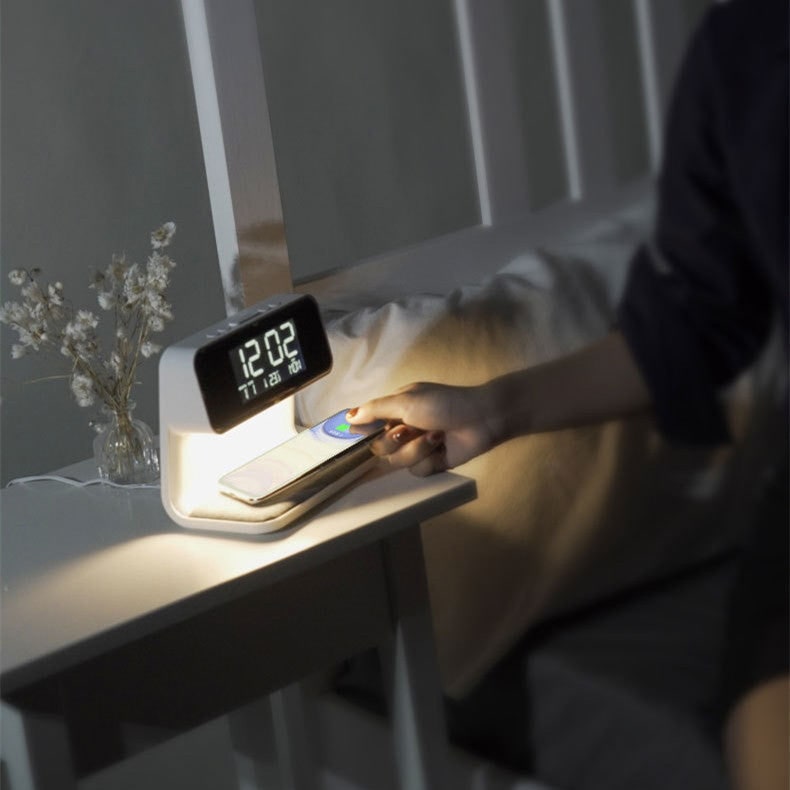 Alarm Clock with Qi Wireless Charging Nightstand Station Digital LED Display and Night Light