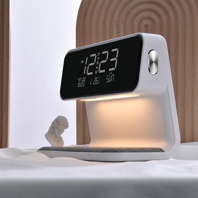 Alarm Clock with Qi Wireless Charging Nightstand Station Digital LED Display and Night Light