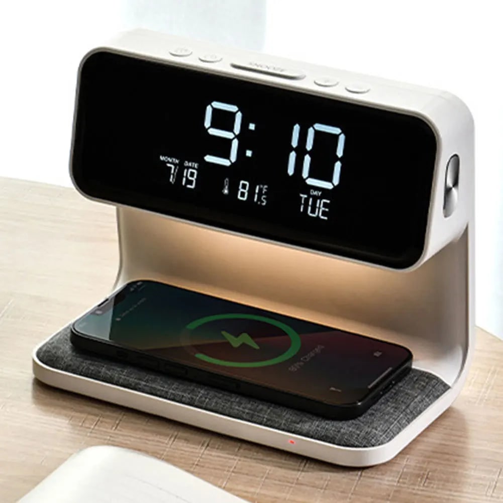 Alarm Clock with Qi Wireless Charging Nightstand Station Digital LED Display and Night Light
