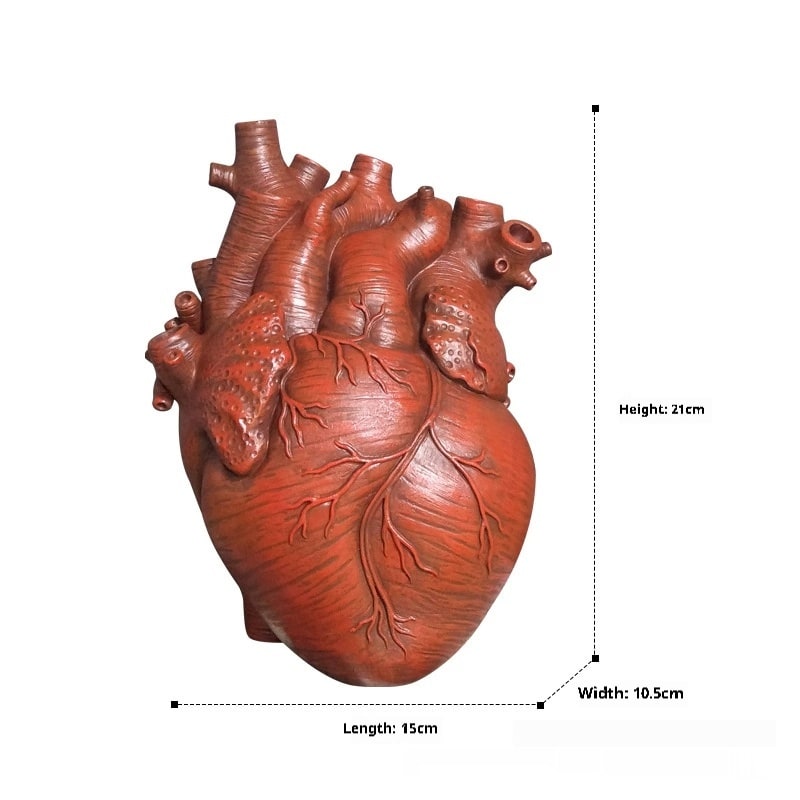 Anatomical Heart Flower Vase with Textured Resin Sculpture and Decorative Bud Design