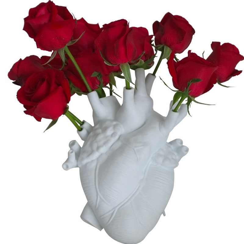Anatomical Heart Flower Vase with Textured Resin Sculpture and Decorative Bud Design