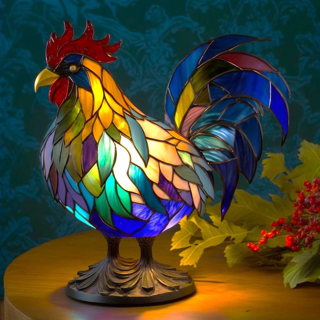 Animal Glass Table Lamp with Stained Style Mosaic Design and Warm LED Light