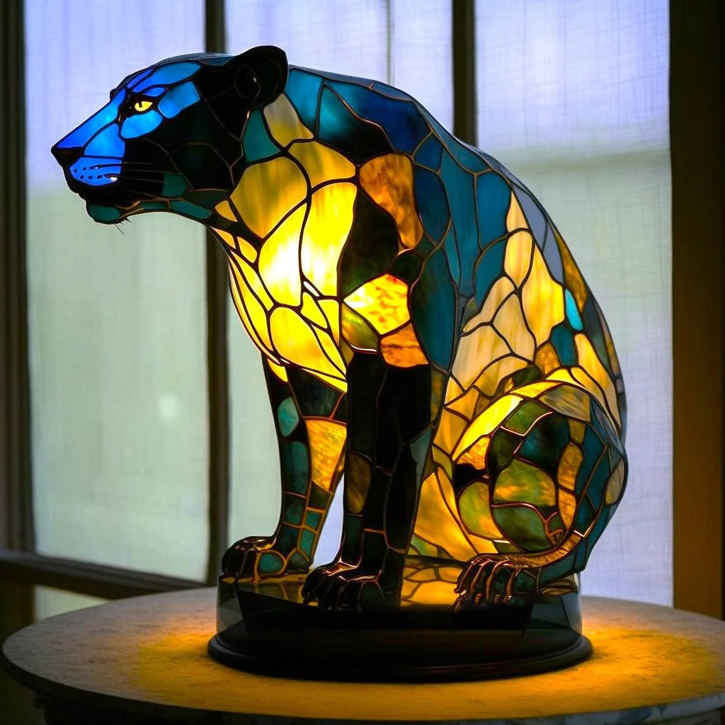 Animal Glass Table Lamp with Stained Style Mosaic Design and Warm LED Light