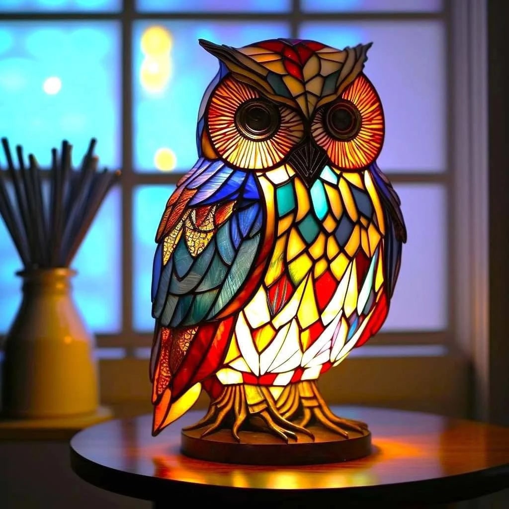 Animal Glass Table Lamp with Stained Style Mosaic Design and Warm LED Light
