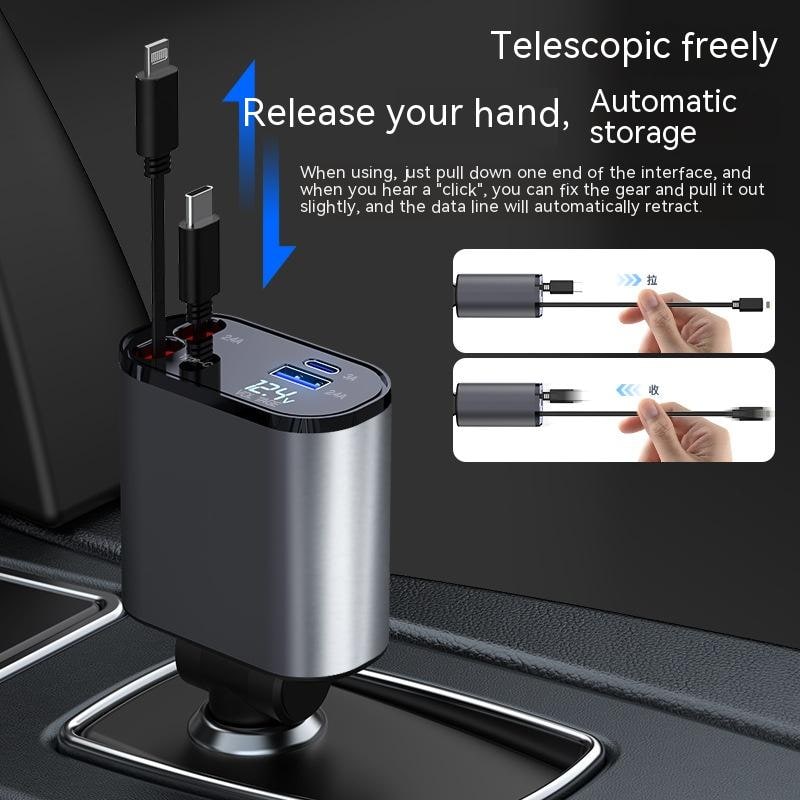 Automatic Retractable Car Charger Smart Battery Management and Dual USB Type-C Cables