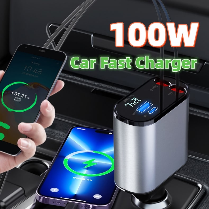 Automatic Retractable Car Charger Smart Battery Management and Dual USB Type-C Cables