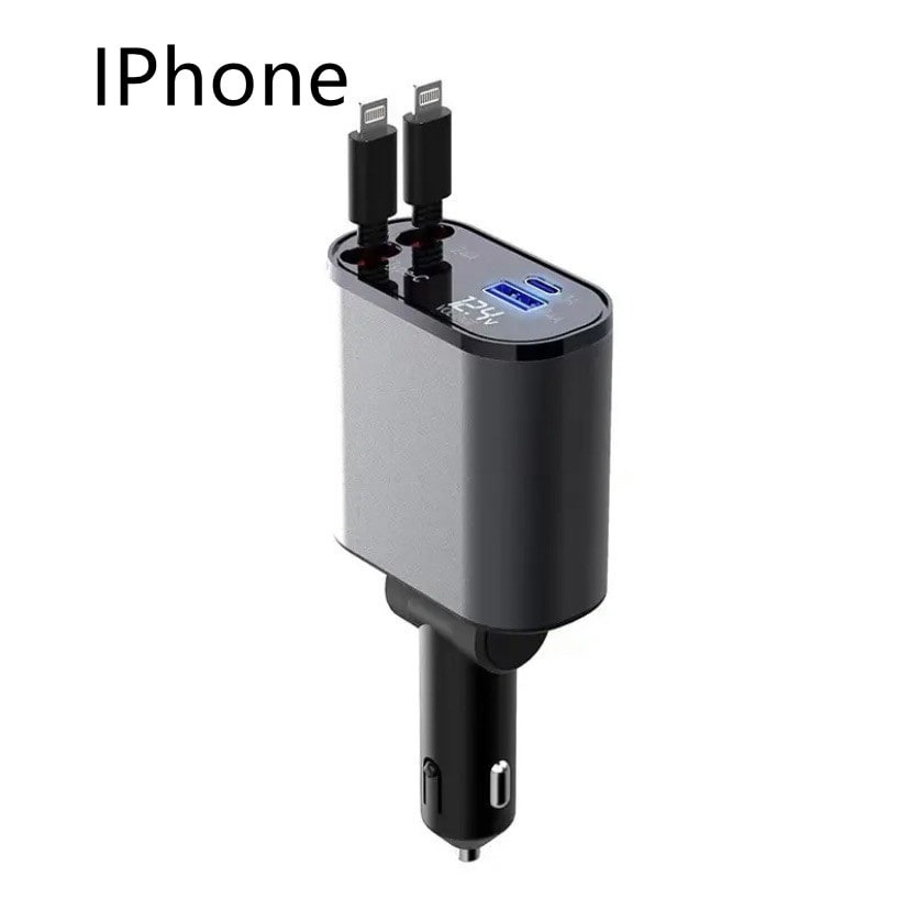 Automatic Retractable Car Charger Smart Battery Management and Dual USB Type-C Cables