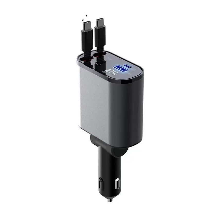 Automatic Retractable Car Charger Smart Battery Management and Dual USB Type-C Cables