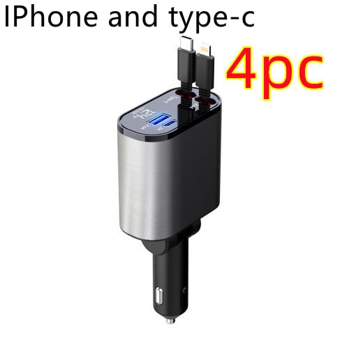 Automatic Retractable Car Charger Smart Battery Management and Dual USB Type-C Cables