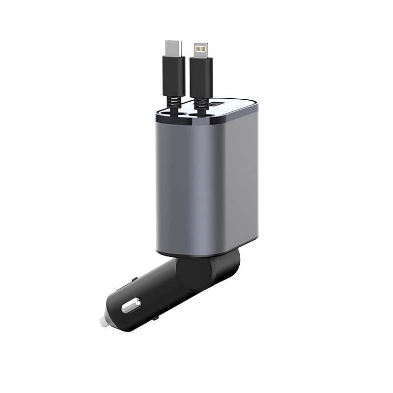 Automatic Retractable Car Charger Smart Battery Management and Dual USB Type-C Cables