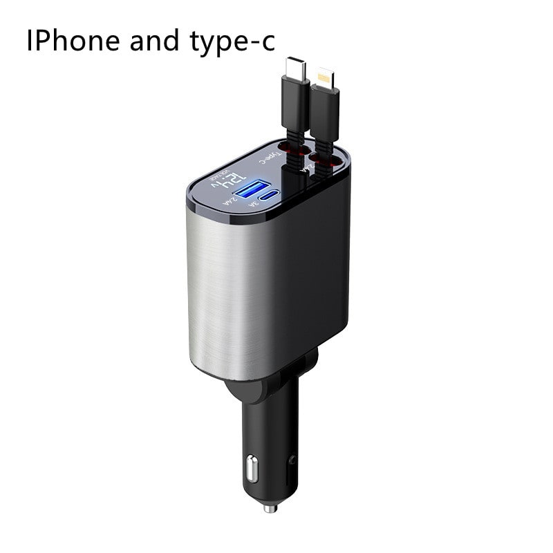 Automatic Retractable Car Charger Smart Battery Management and Dual USB Type-C Cables