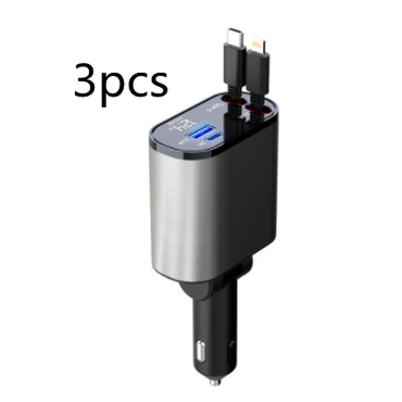 Automatic Retractable Car Charger Smart Battery Management and Dual USB Type-C Cables