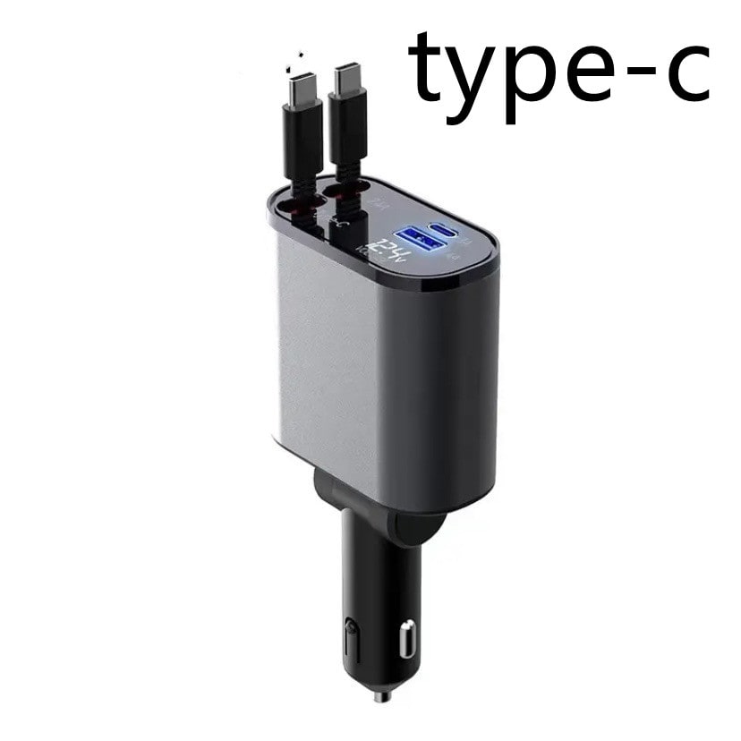 Automatic Retractable Car Charger Smart Battery Management and Dual USB Type-C Cables