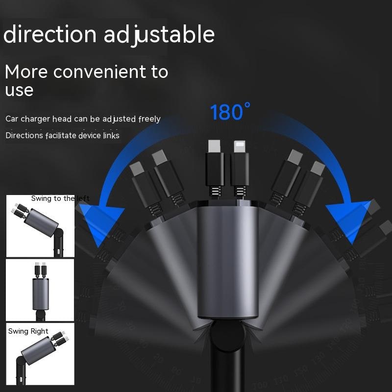 Automatic Retractable Car Charger Smart Battery Management and Dual USB Type-C Cables