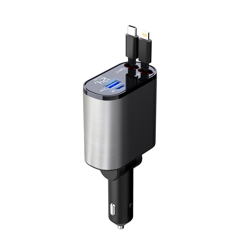 Automatic Retractable Car Charger Smart Battery Management and Dual USB Type-C Cables