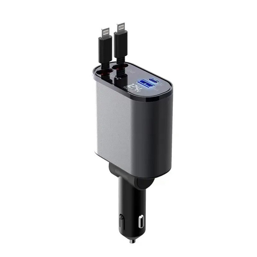 Automatic Retractable Car Charger Smart Battery Management and Dual USB Type-C Cables