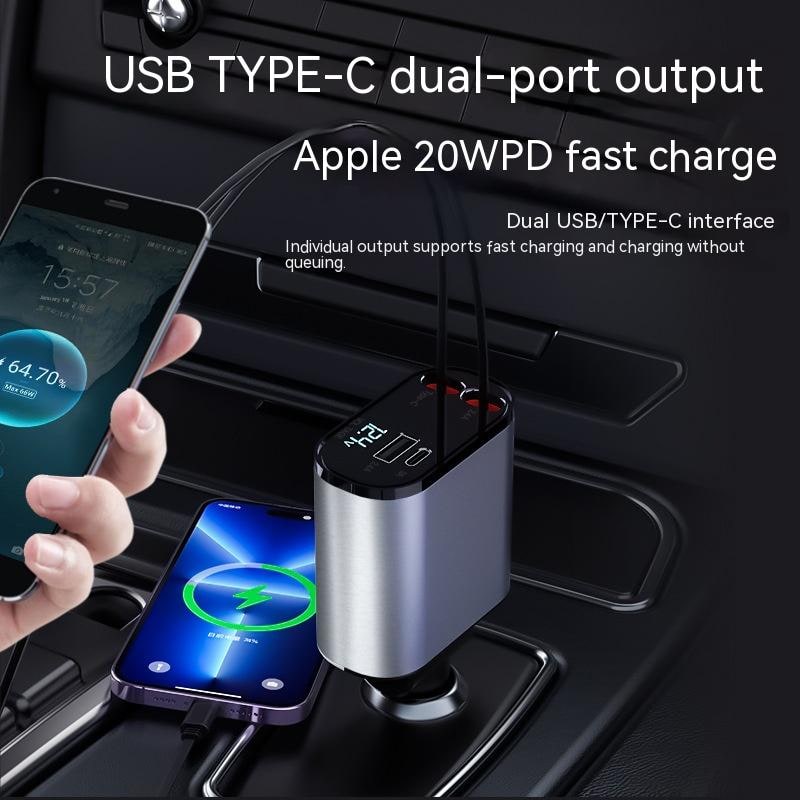 Automatic Retractable Car Charger Smart Battery Management and Dual USB Type-C Cables