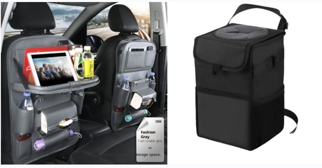 Back Facing Car Seat Organizer with Fold-Down Tray Table and Multiple Storage Pockets