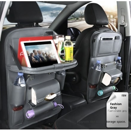 Back Facing Car Seat Organizer with Fold-Down Tray Table and Multiple Storage Pockets