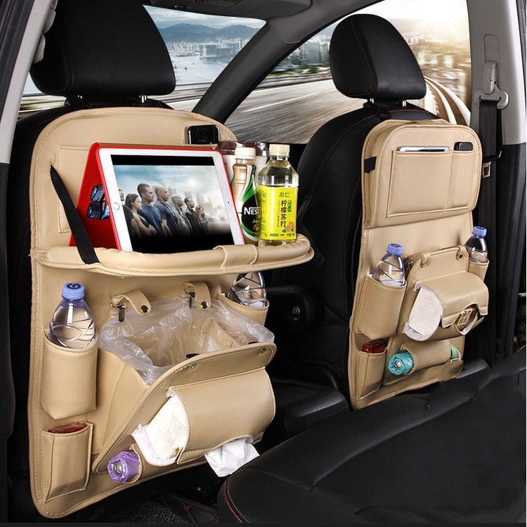 Back Facing Car Seat Organizer with Fold-Down Tray Table and Multiple Storage Pockets