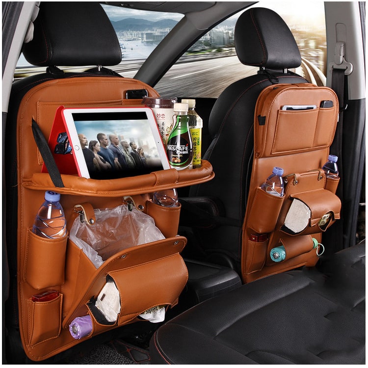 Back Facing Car Seat Organizer with Fold-Down Tray Table and Multiple Storage Pockets