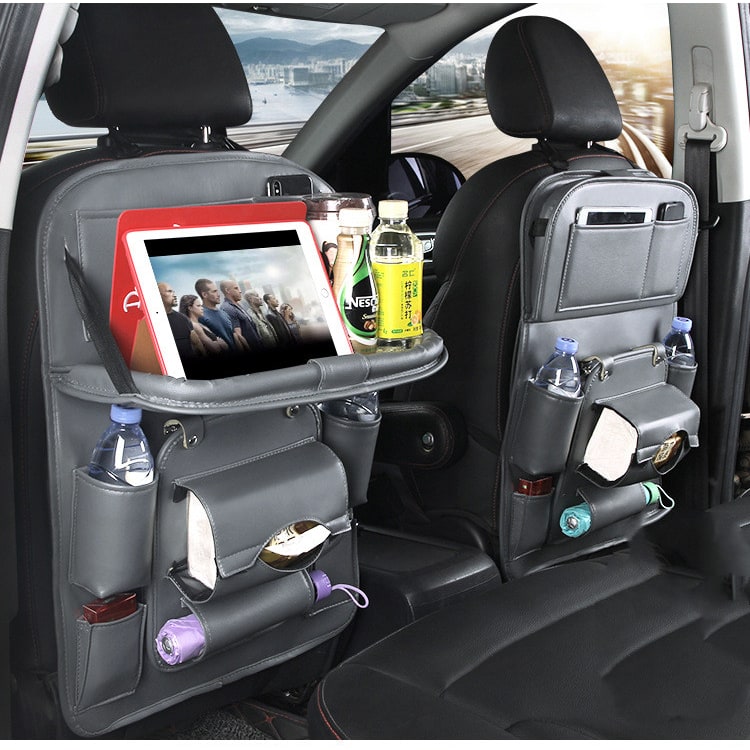 Back Facing Car Seat Organizer with Fold-Down Tray Table and Multiple Storage Pockets