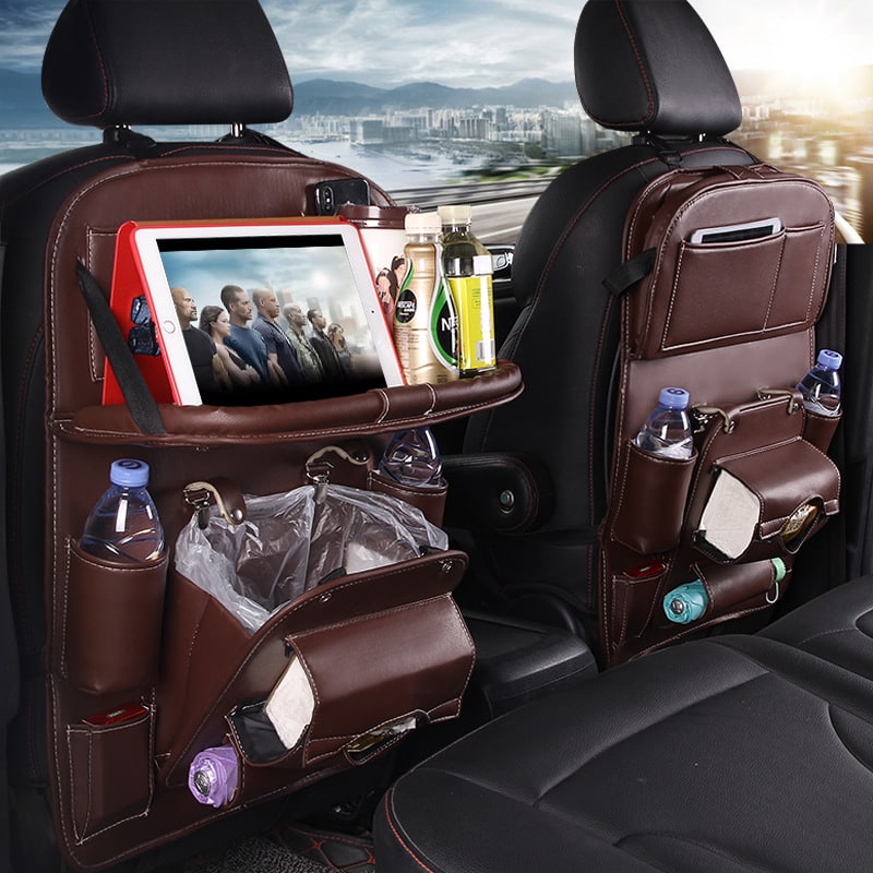 Back Facing Car Seat Organizer with Fold-Down Tray Table and Multiple Storage Pockets
