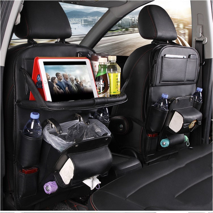 Back Facing Car Seat Organizer with Fold-Down Tray Table and Multiple Storage Pockets
