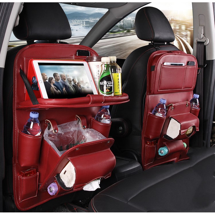 Back Facing Car Seat Organizer with Fold-Down Tray Table and Multiple Storage Pockets