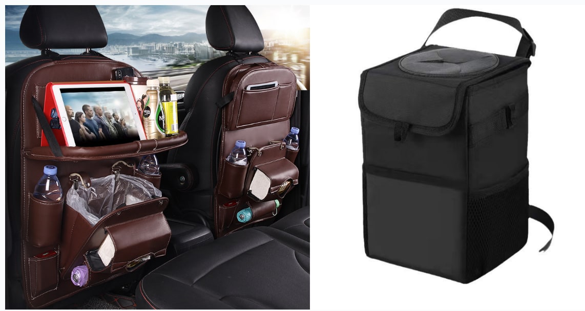 Back Facing Car Seat Organizer with Fold-Down Tray Table and Multiple Storage Pockets