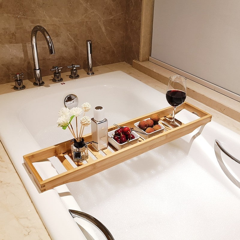 Bamboo Bath Caddy Tray for Bathtub with Slatted Design and Water-Draining Handles