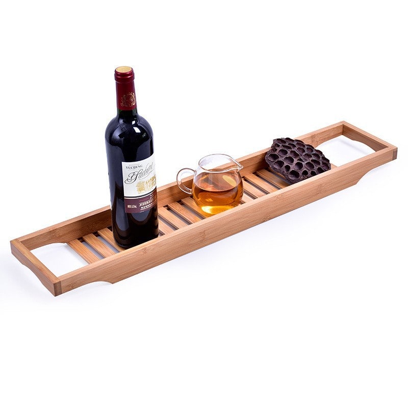 Bamboo Bath Caddy Tray for Bathtub with Slatted Design and Water-Draining Handles