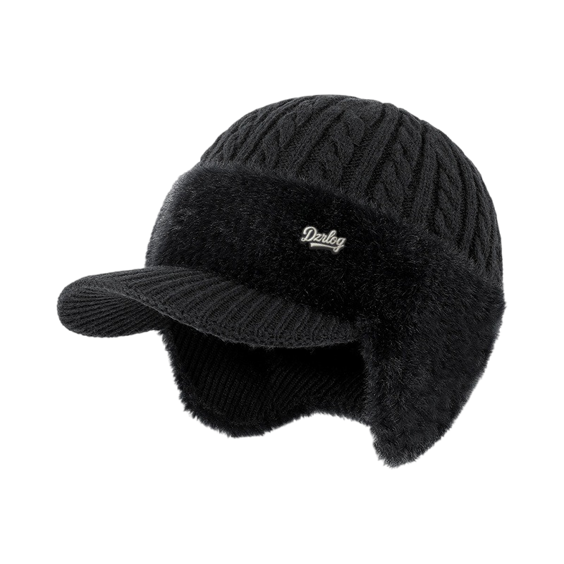 Beanie with Ear Flaps Winter Visor Cable Knit Faux Fur Fleece Lined Hat That Covers