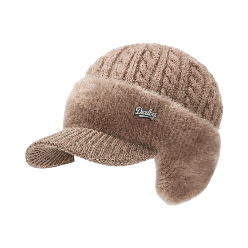 Beanie with Ear Flaps Winter Visor Cable Knit Faux Fur Fleece Lined Hat That Covers