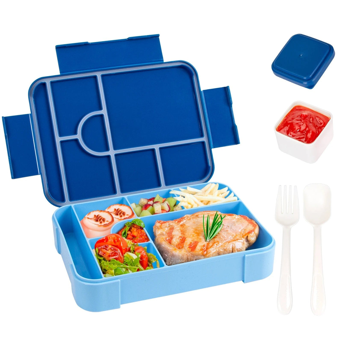 Leak-Proof Bento Lunch Box with 7 Compartments Cutlery and Sauce Container Microwave Safe