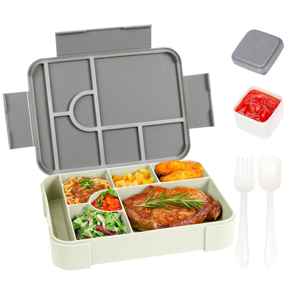 Leak-Proof Bento Lunch Box with 7 Compartments Cutlery and Sauce Container Microwave Safe