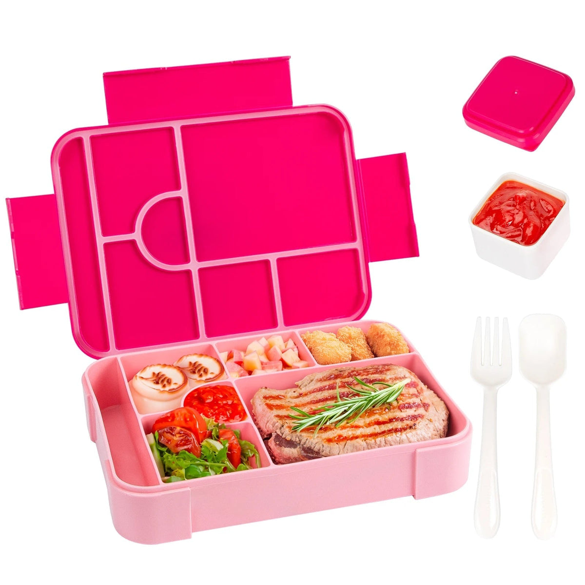 Leak-Proof Bento Lunch Box with 7 Compartments Cutlery and Sauce Container Microwave Safe