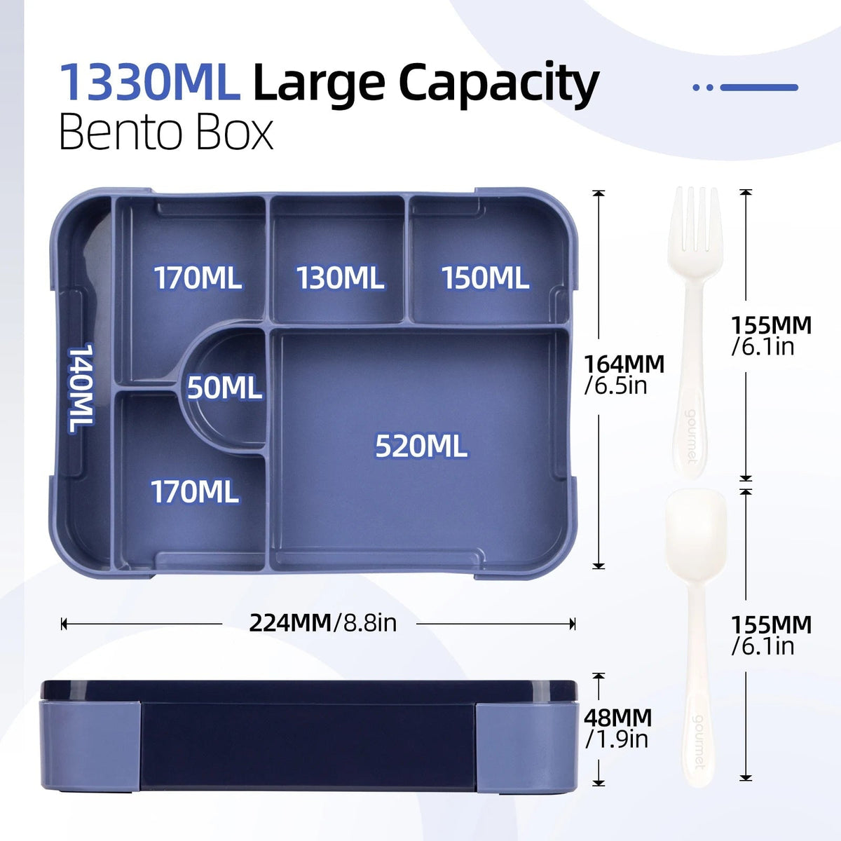 Leak-Proof Bento Lunch Box with 7 Compartments Cutlery and Sauce Container Microwave Safe