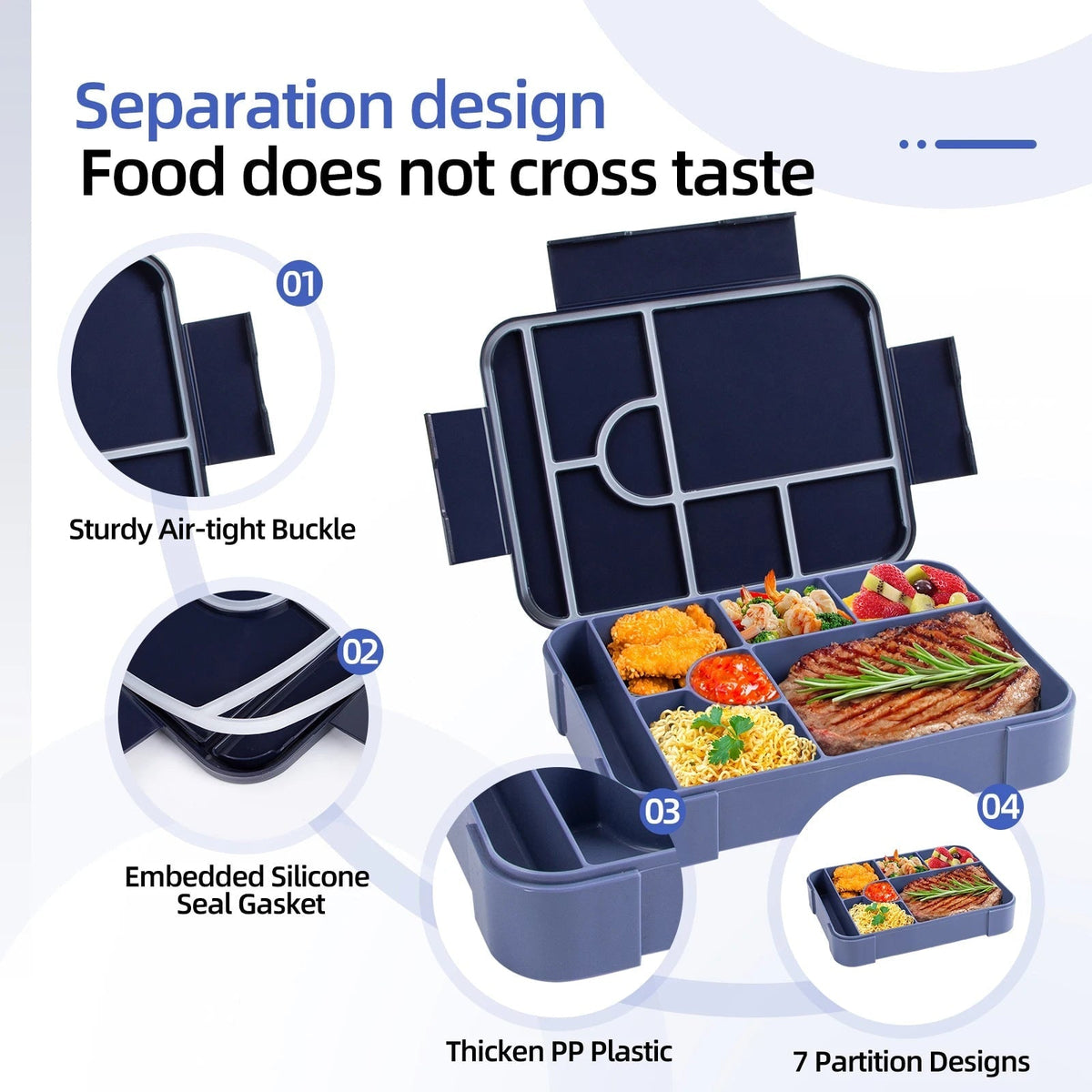 Leak-Proof Bento Lunch Box with 7 Compartments Cutlery and Sauce Container Microwave Safe